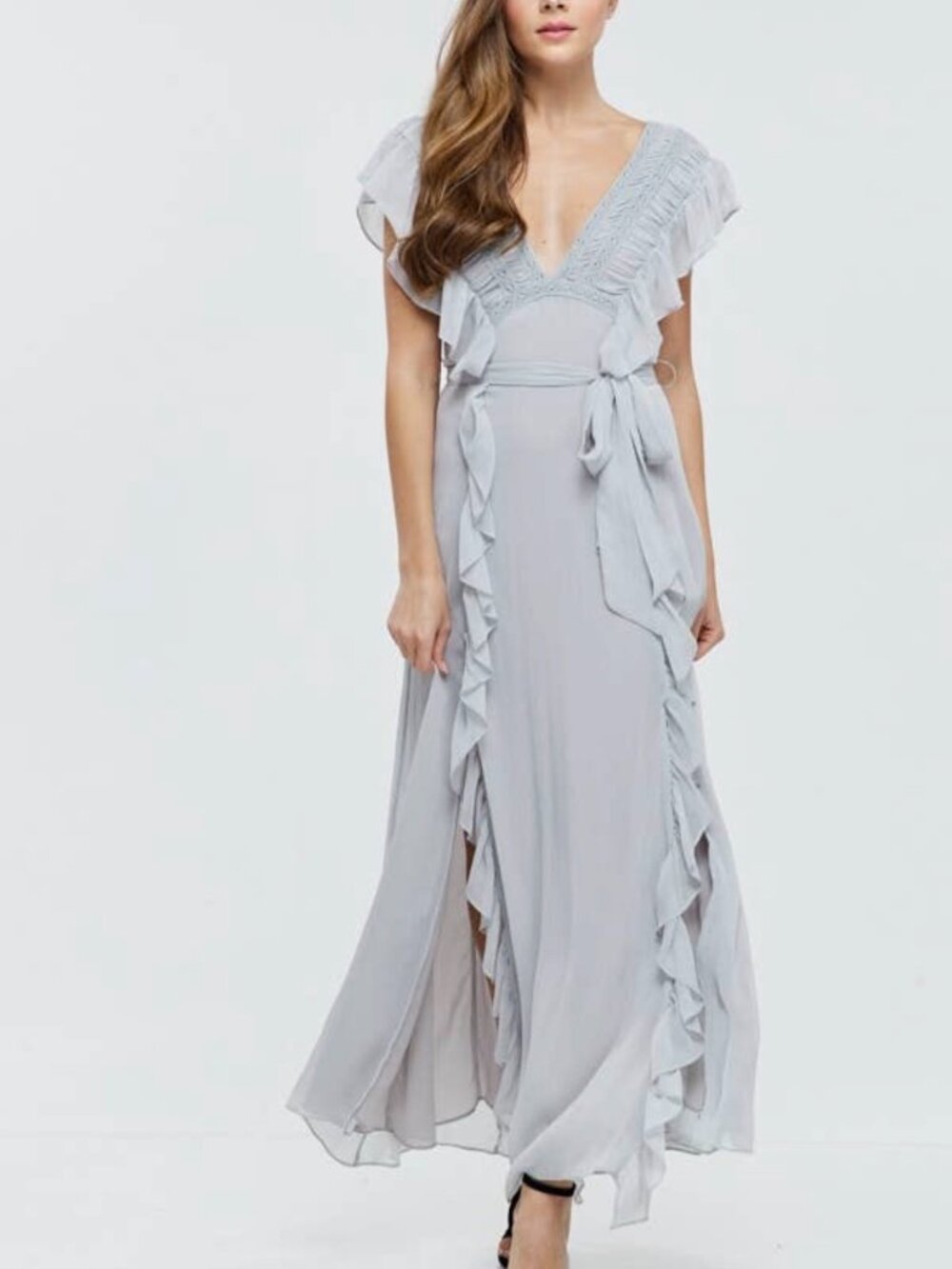 D51-Ruffle Slit Maxi Dress